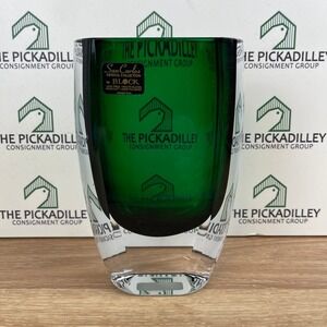 Block San Carlos Crystal Emerald Green Hand Blown Glass Vase Argentina 6.5"